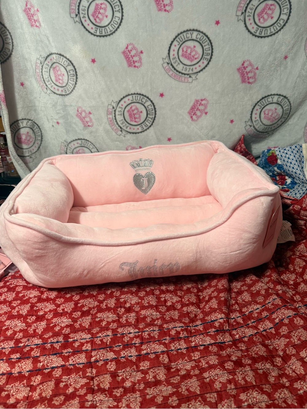 Juicy Couture Light Pink Plush Pet Bed with Rhinestone Crest